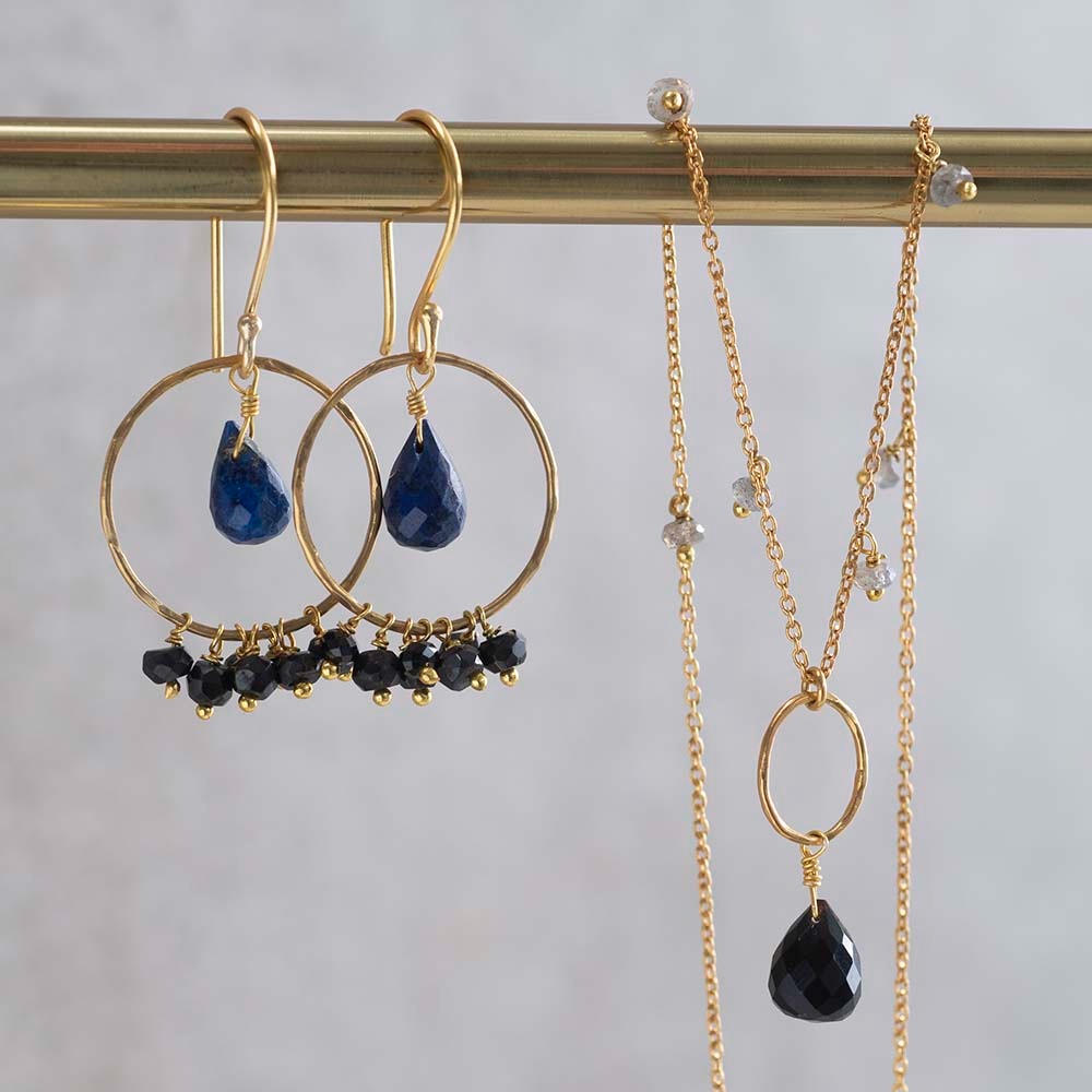 Fireworks Lapis Lazuli Black Onyx Gold Earrings and Necklace 548