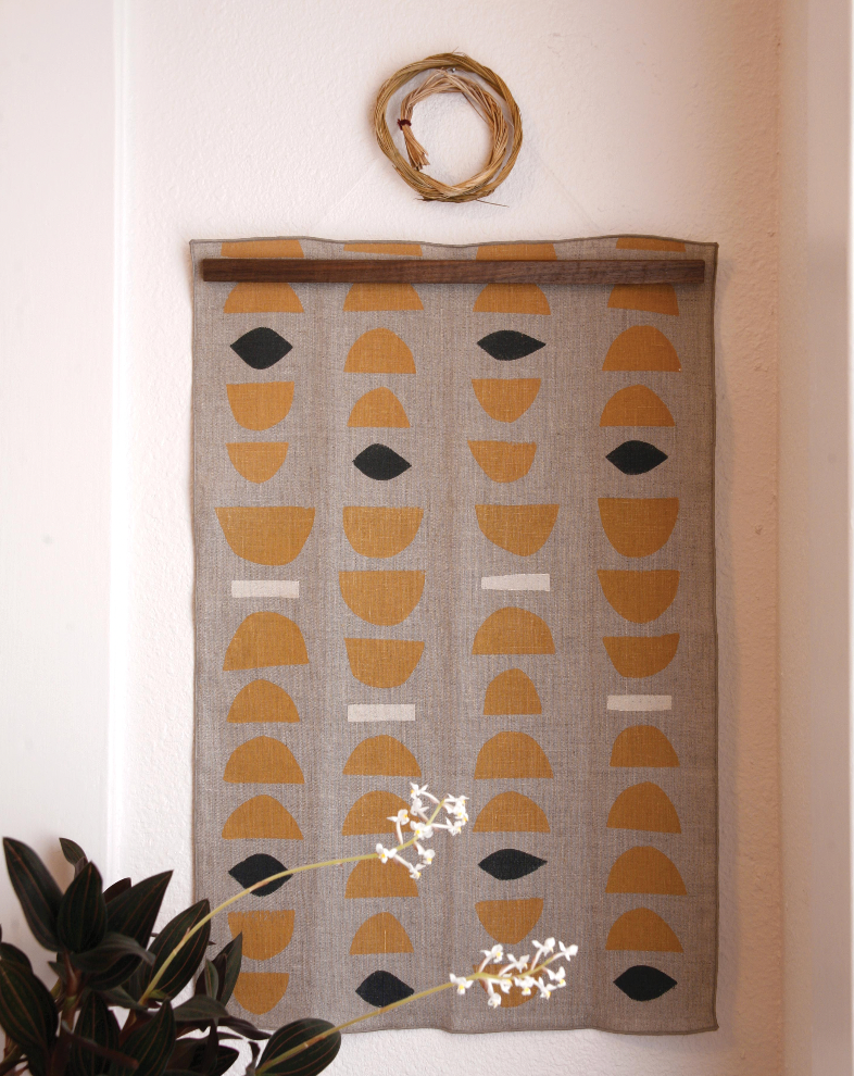 'Stacks' Hand-Printed Linen Tea Towel, Ochre colorway 5671